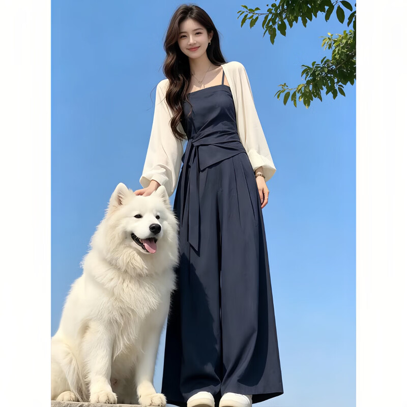 韩璐娇(hanlujiao)温柔气质休闲阔腿裤套装女夏季吊带背心针织衫衣服女装裤子三件套 杏色外披+吊带+阔腿裤【三件套】 XL (建议125斤-135斤)