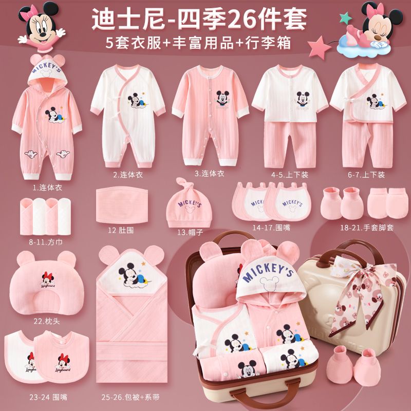 迪士尼(Disney)纯棉婴儿衣服套装刚出生初生宝宝新生儿礼盒满月礼物用品 【精美手提箱】眠梦米奇咖保暖款26件 均码 3到6个月宝宝