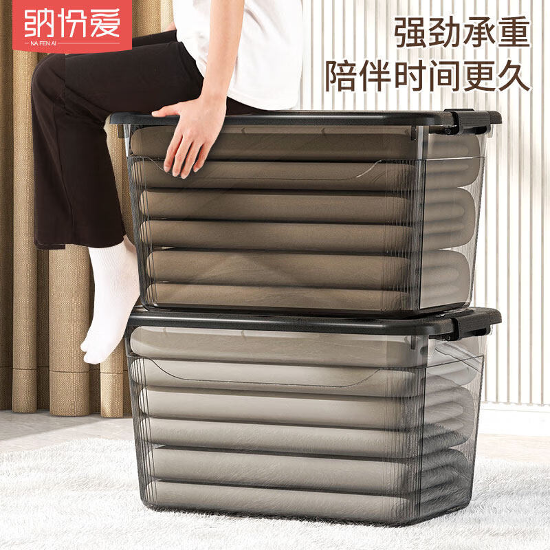 纳份爱收纳箱透明大容量超大家用衣服玩具书本整理箱塑料带盖车载储物箱 灰透3XL号【长47*宽33.5*高27.5cm】 2只装