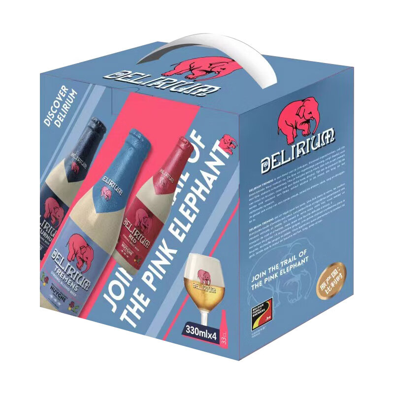 粉象（Delirium） 啤酒礼盒 精酿 啤酒 330ml*4瓶+酒杯一支 礼盒装 利时原瓶进口