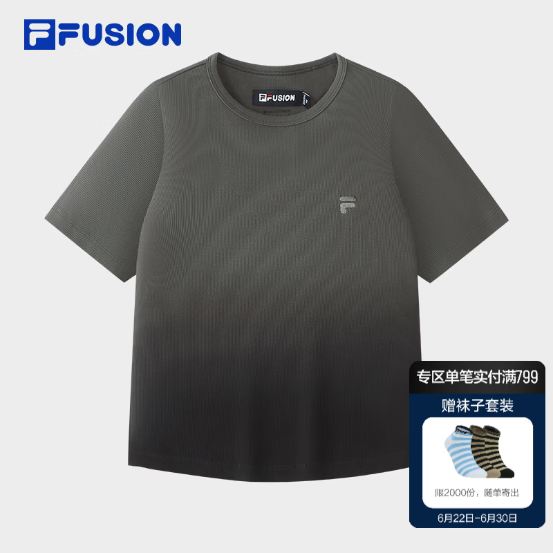 FILA FUSION斐乐潮牌女子针织短袖衫2026夏季新款渐变上衣紧身T恤 雷云灰-DY L 170/88A/L