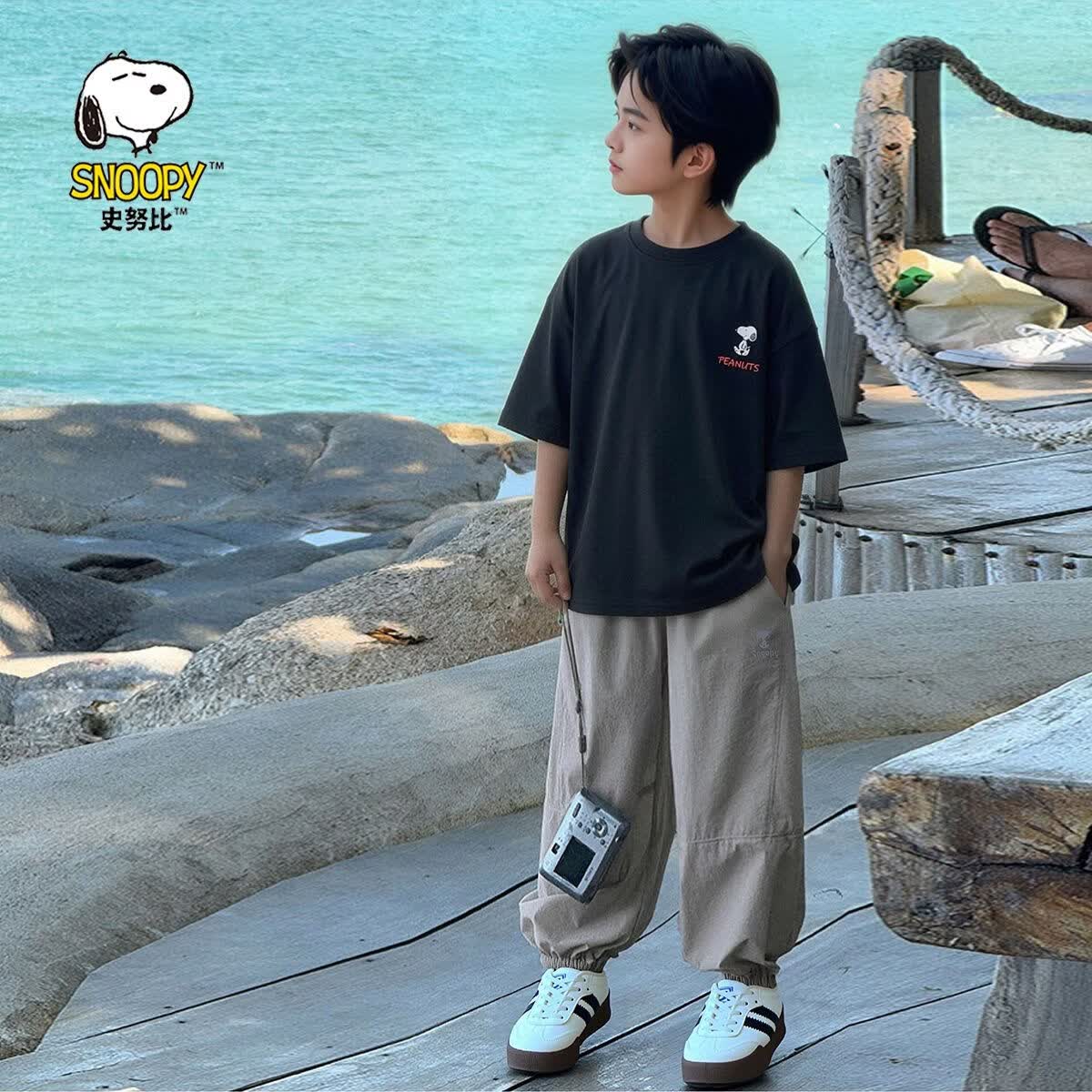 SNOOPY男童2026夏季宽松休闲新疆棉短袖上衣防蚊裤宽松休闲裤 C02浅灰防蚊裤 110