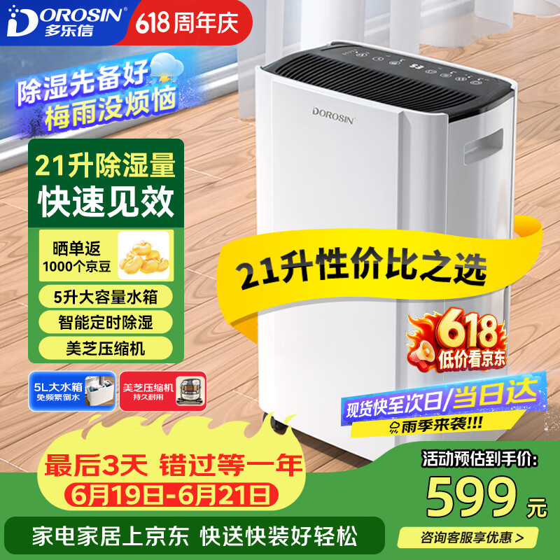 多乐信（DOROSIN）除湿机/抽湿机 除湿量21升/天 42㎡家用轻音地下室干衣除湿吸湿器 客卧除潮干燥机ER-20