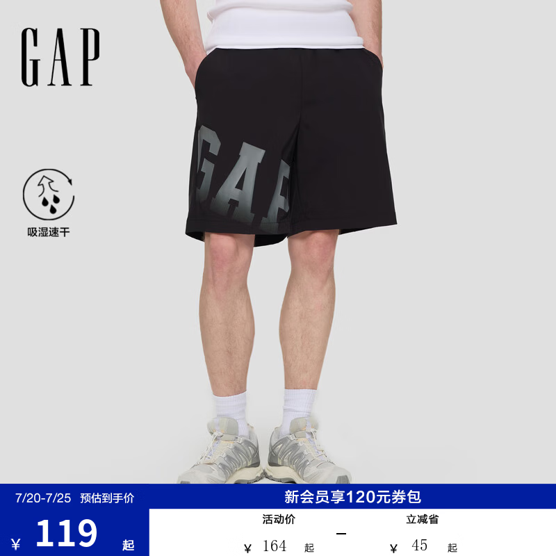 盖璞Gap男装2026夏季新款吸湿速干logo印花舒适直筒休闲短裤893093 黑色 S (165/76A)亚洲尺码