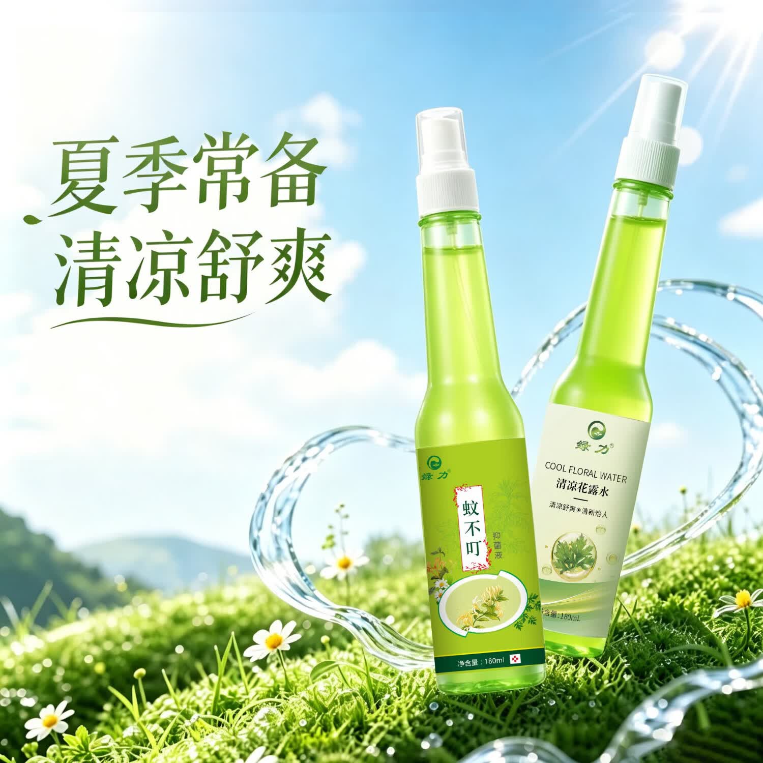 绿力清凉花露水喷雾型神器远离滋扰户外露营居家用便携装大容量喷剂 清凉花露水180ml+蚊不叮180ml