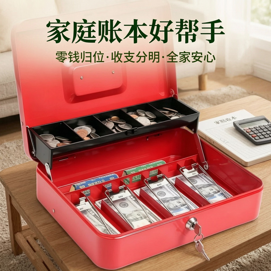 万梭密码存钱罐收款箱储蓄罐纸硬币分类大收纳盒收银钱箱盒票据箱钥匙 【密码款】特大号-蓝色