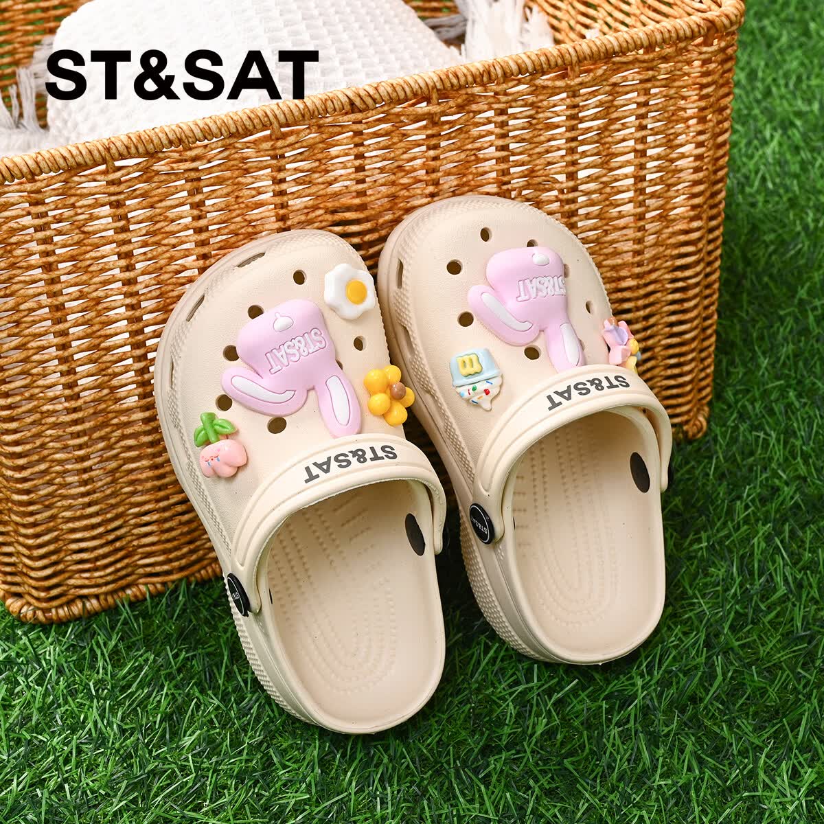 星期六(St&Sat)童鞋儿童洞洞鞋夏季外穿防滑软底女童凉拖鞋卡通萌趣沙滩凉鞋 灰色 39 -40【鞋内长25cm】