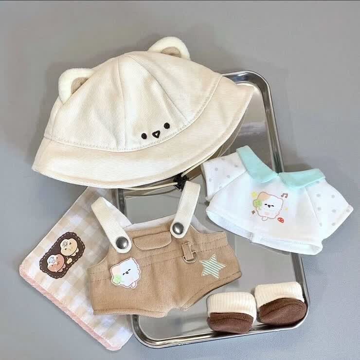 尤柯新品20cm娃衣棉花娃娃娃可爱衣服露营小猫可爱公仔换装玩偶 露营小猫上衣+背带裤+鞋子+帽子