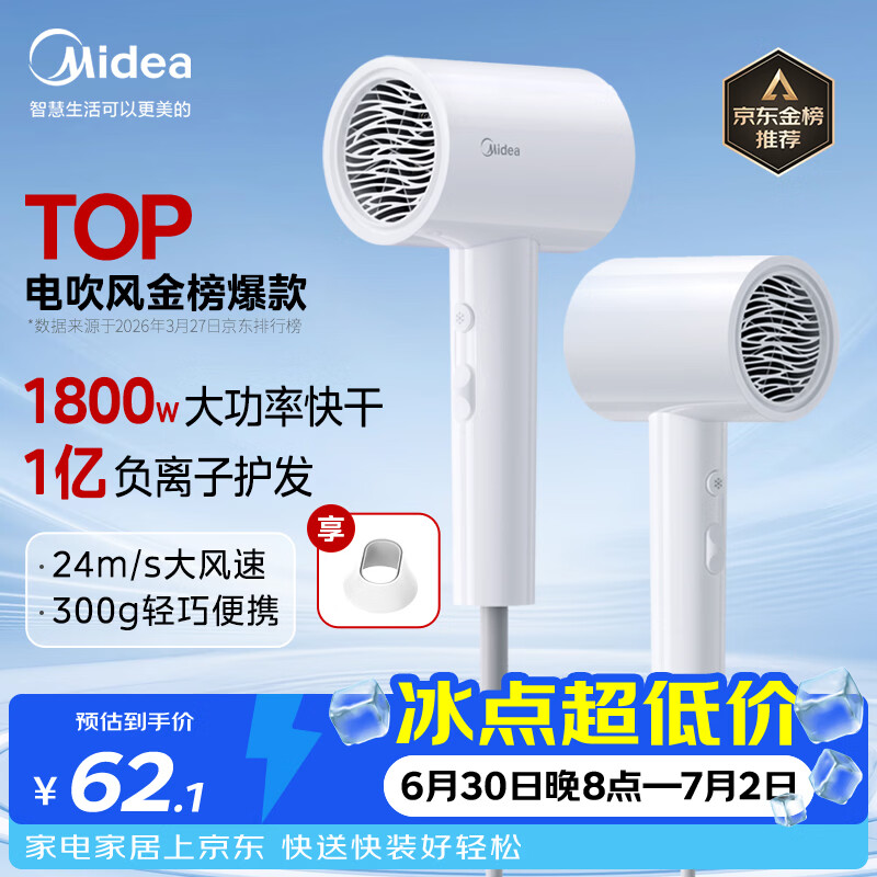 美的（Midea）1亿负离子电吹风 大功率快干不伤发吹风机 家用负离子护发吹风筒 FJ208白1800W 节日礼物