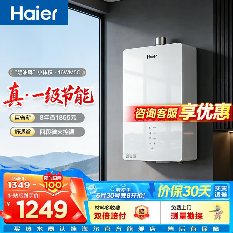海尔（Haier）【咨询客服领优惠】【一级节能】燃气热水器天然气13/16升强排式增压变频水伺服恒温洗澡防风防水 16L 【彩晶玻璃屏真一级节能】WM5C