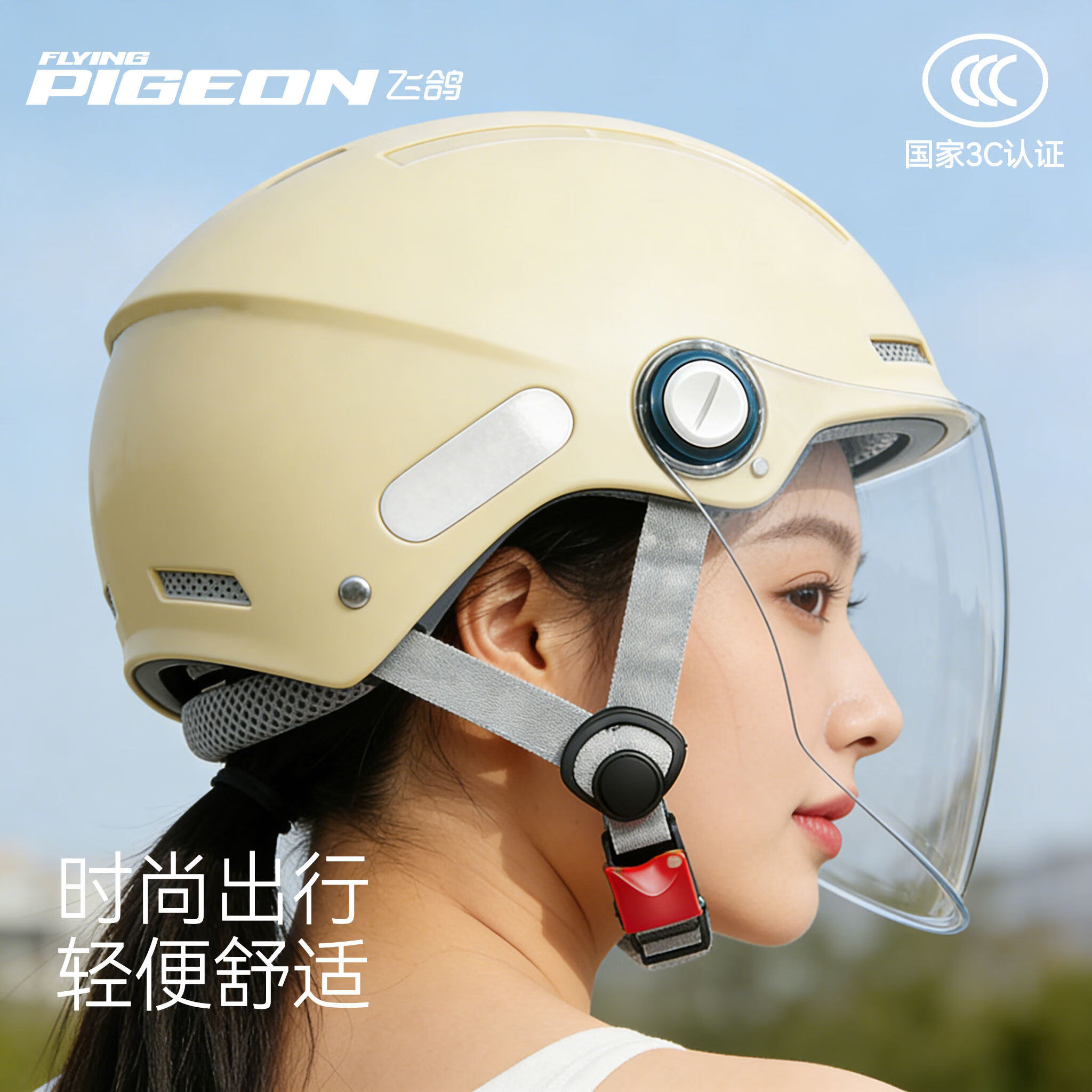 飞鸽电动车头盔女夏季防晒电瓶摩托车半盔四季安全帽3C认证新款 奶白色【茶色防晒-短镜】新国标3C