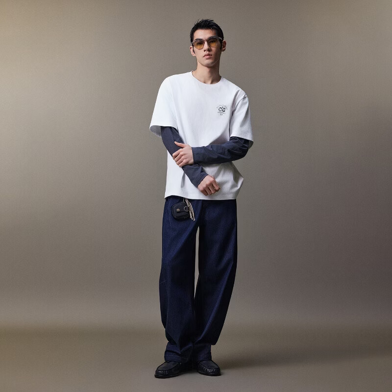 杰克·琼斯(JACK&JONES)26年秋季男装【重磅纯棉】长袖T恤男宽松圆领假两件撞色打底衫 A06本白色 常规 XS (165)