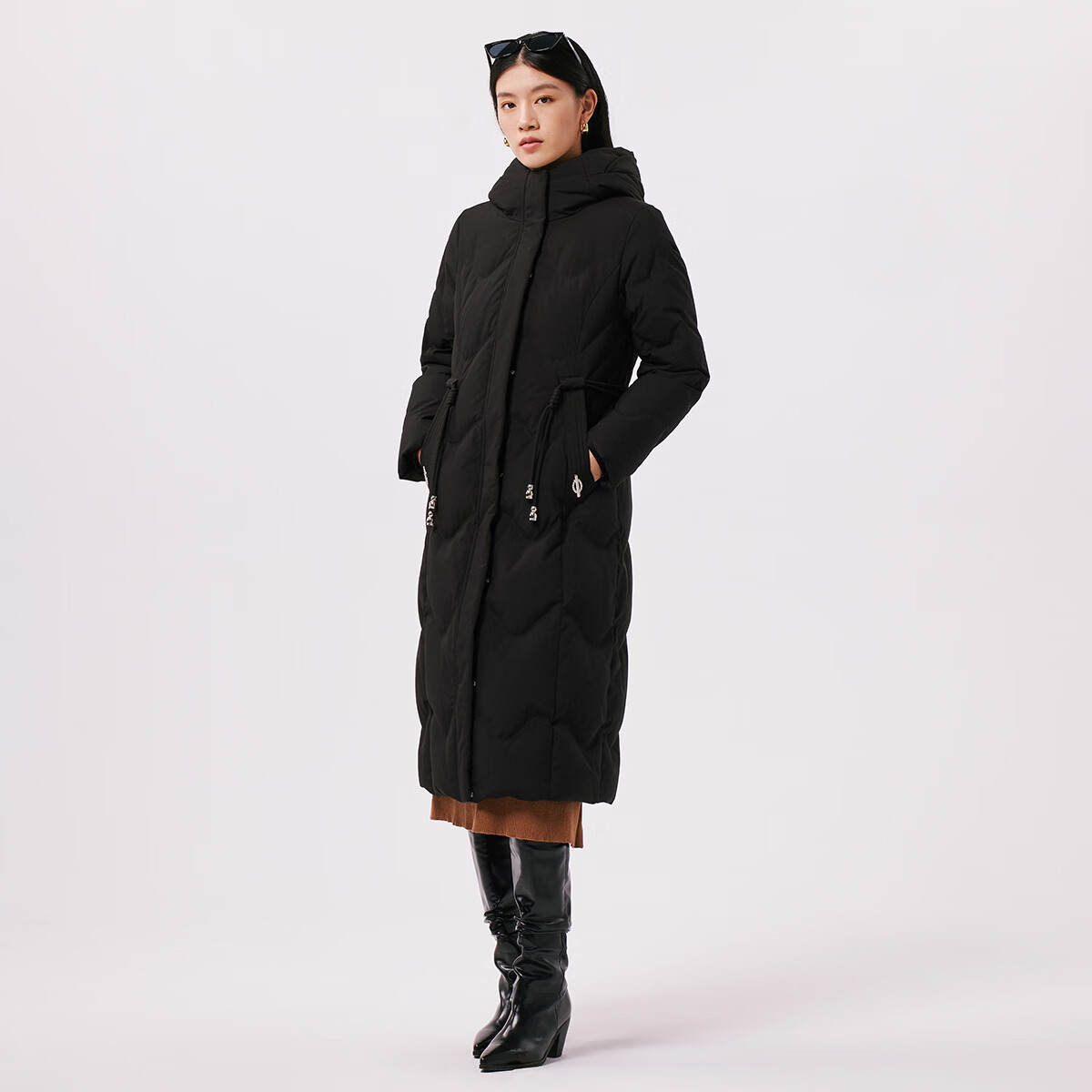 千仞岗冬季羽绒服女士过膝长款外套新红中老送妈妈加厚保暖百搭防寒服 魔力黑 S (160)