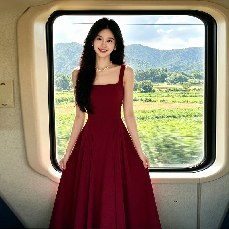 GARNUO红色吊带连衣裙女夏季法式气质订婚礼服敬酒服收腰显瘦红裙子长裙 白色 S 【101-110斤】