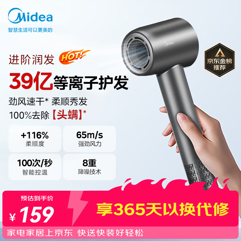 美的（Midea）高速护发吹风机 39亿等离子护发电吹风 大功率速干 家用负离子吹风筒FG208灰 节日礼物价保618