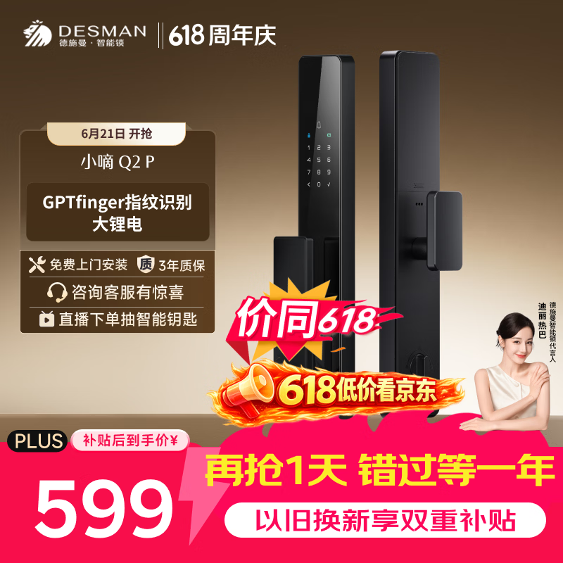 德施曼（DESMAN）智能门锁全自动C级锁芯入户门防盗指纹密码电子锁小嘀Q2P