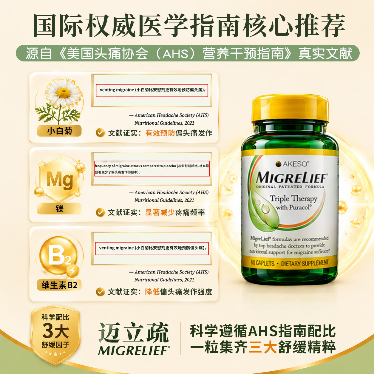 MigreLief【双11热销】迈立疏美国进口预防缓解偏头痛核黄素补镁青少年止痛 预防缓解顽固性偏头痛【疗程装】 60片*3瓶
