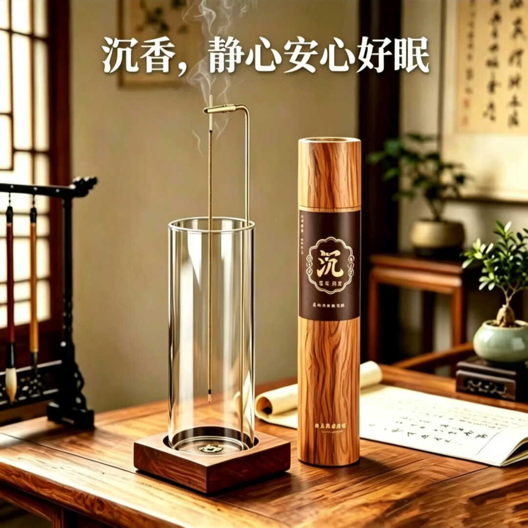 玻璃防灰线香炉倒挂香插木质底座百年沉香线香立座创意防风香炉 方底圆玻璃香炉+百年沉香线香10g【搭配金色夹子】*1套