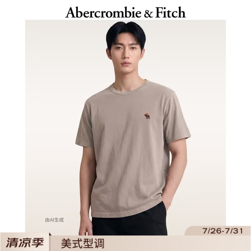 Abercrombie &amp; Fitch经典小麋鹿图案美式情侣纯棉水洗T恤26夏男装女装124-6075 棕色 M (180/100A)