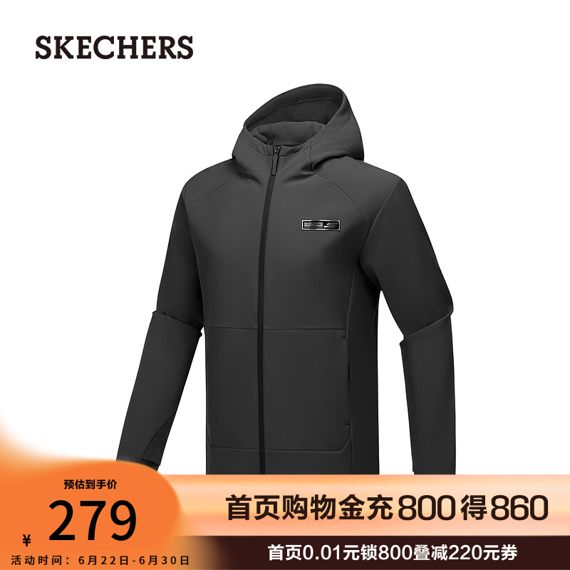 斯凯奇（Skechers）梁朝伟同款暮雨系列防泼水梭织连帽外套P425M075 碳黑/0018 XL