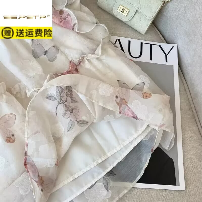 夏典素订女王(SE.PSTP)蝴蝶印花飞飞袖雪纺衬衫女夏法式木耳立领小衫荷叶边宽松无袖上衣 粉色蝴蝶 L
