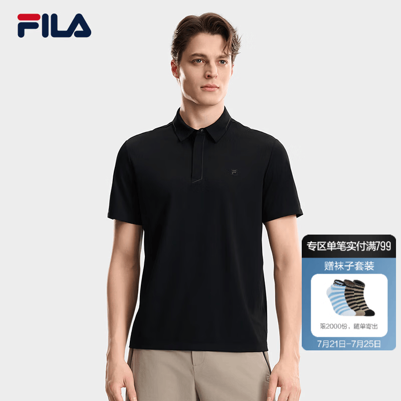 FILA 斐乐官方男子针织短袖POLO衫2026秋季新款商务休闲舒适上衣 深黑-BK XL 180/100A/XL