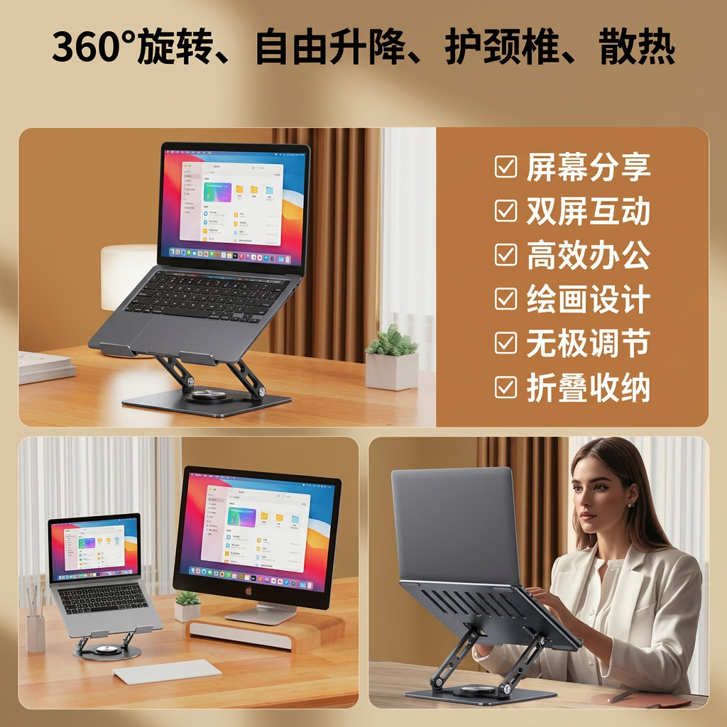 好教视360度可旋转笔记本电脑支架桌面增高架可折叠升降调节散热器托架笔记本支架平板 黑色