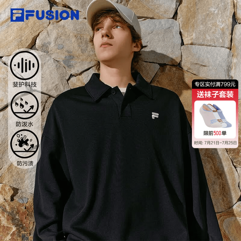 FILA FUSION斐乐潮牌情侣款套头卫衣2026秋新款纯棉宽松针织上衣 正黑色-BK S 165/88A/S