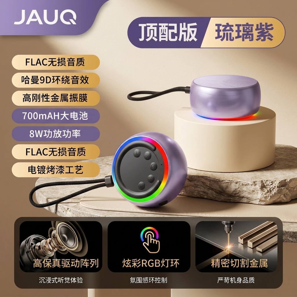 JAUQ迷你便携式蓝牙音响金属一体机身炫彩律动灯环立体环绕音效高清通话户外骑行桌面节日送礼优选音箱 琉璃紫【Crafted For Authentic Sound】