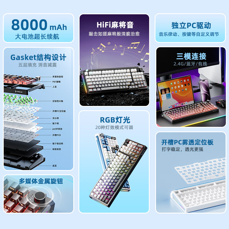 钛度K980棱戟无线机械游戏键盘三模电竞办公有线蓝牙定制化热插拔 980白蓝【三模RGB光效PC驱动8000毫安】