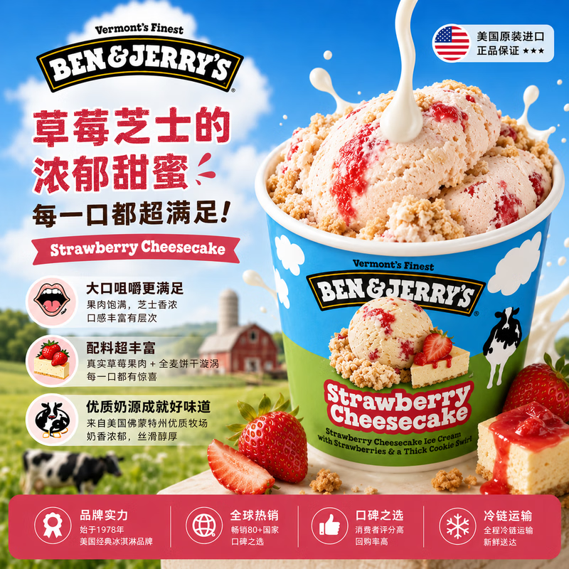 BEN &amp; JERRY'S本杰瑞草莓芝士蛋糕口味冰淇淋 473ml