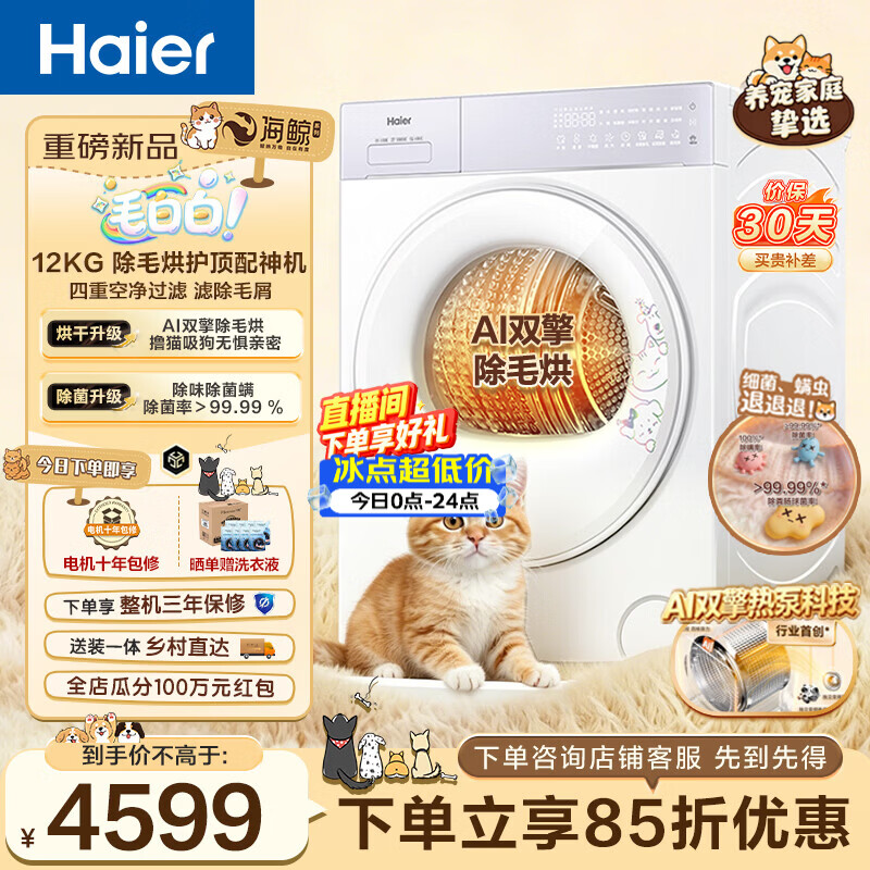 海尔（Haier）毛白白系列 12KG双擎热泵烘干机家用 顶配除毛烘宠物 四重过滤 换新补贴
