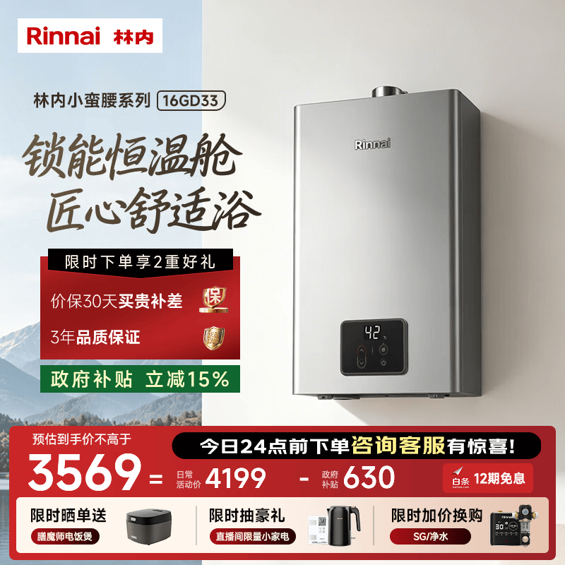 林内（Rinnai）【小蛮腰Pro plus】16升极光灰燃气热水器  超能恒温芯 恒温热水器上门安装 16GD33（JSQ31-GD33）