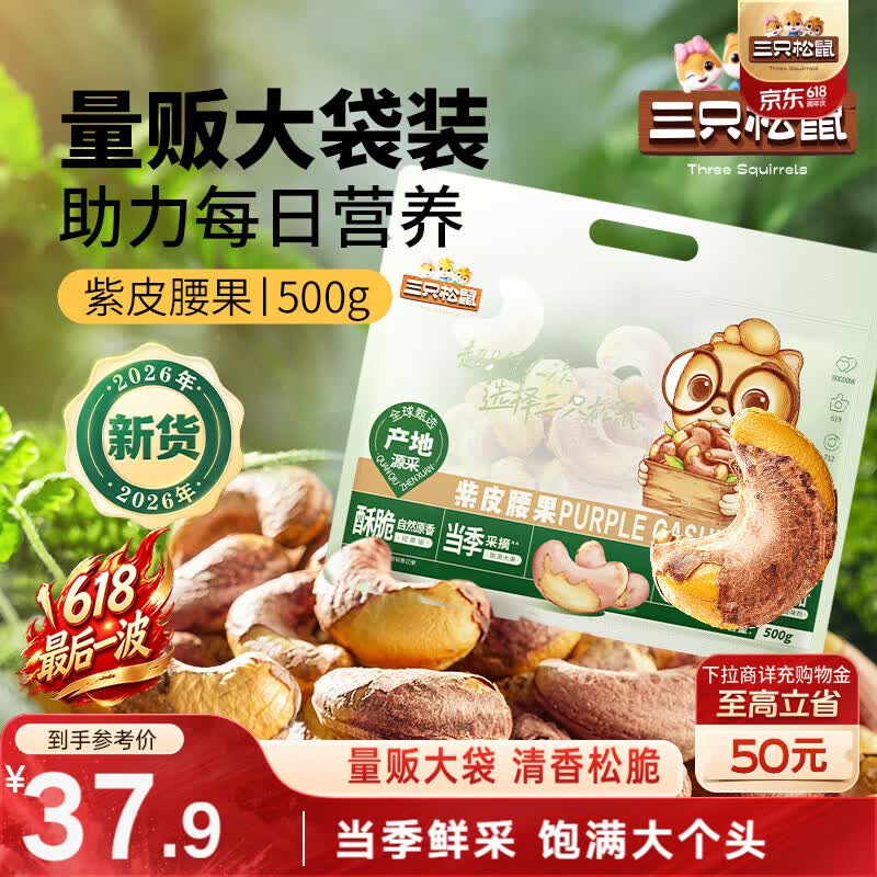 三只松鼠袋装紫皮腰果500g每日坚果炒货干果休闲零食0添加端午团购送礼