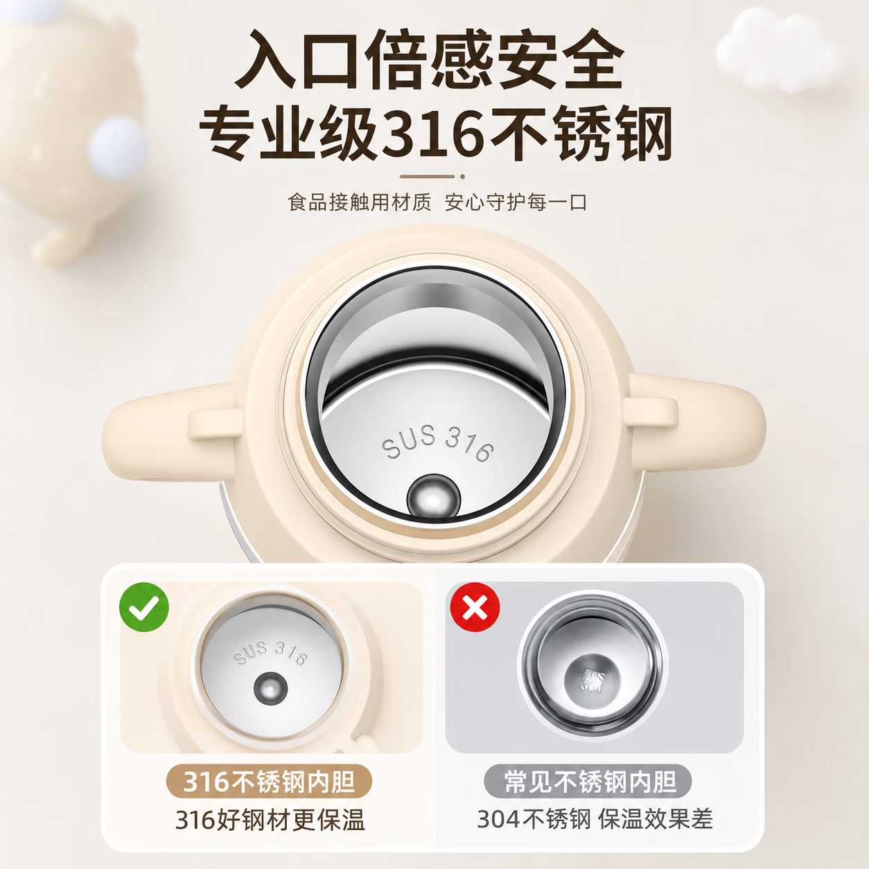 GERTHRON德国【百万热销】婴儿保温杯0-6个月以上1-3岁外出防呛冲奶吸管杯 米白【送清洗套装+备用吸嘴】 400ML