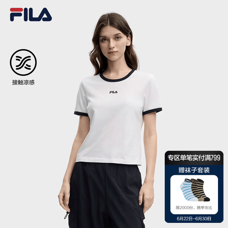 FILA 斐乐官方女子针织短袖衫2026夏新款休闲凉感上衣简约修身T恤 云菇白-WT M 165/84A/M