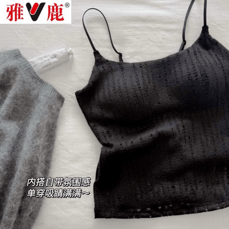 雅鹿好cozy的亚麻感吊带法式蕾丝背心女2026新款带胸垫一体内搭外穿 亚麻肤【带胸垫品质】 M 【建议80-100斤】