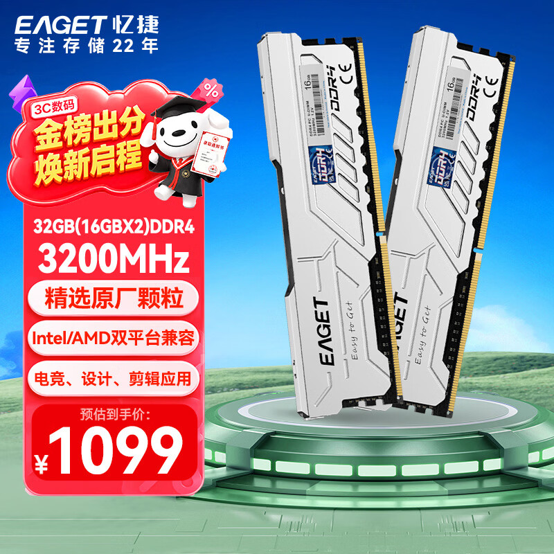 忆捷（EAGET）32GB(16G×2)套装 DDR4 3200台式机内存条 马甲条2条装PS40 适用于游戏电竞商务办公专业摄影设计