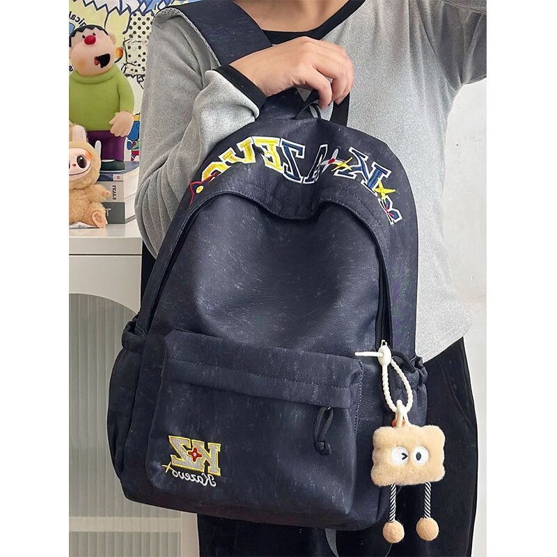 初高中书包大学生美式复古字母刺绣双肩包简约百搭大容量旅行背包 白色【带流泪猫猫头挂件】