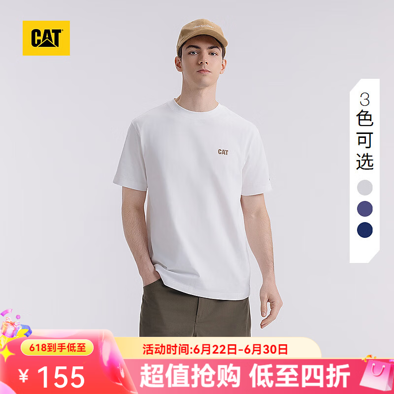 卡特（CAT）夏季男士短袖全棉户外通勤美式微落肩山系印花图案简约百搭T恤 杏色 2XL