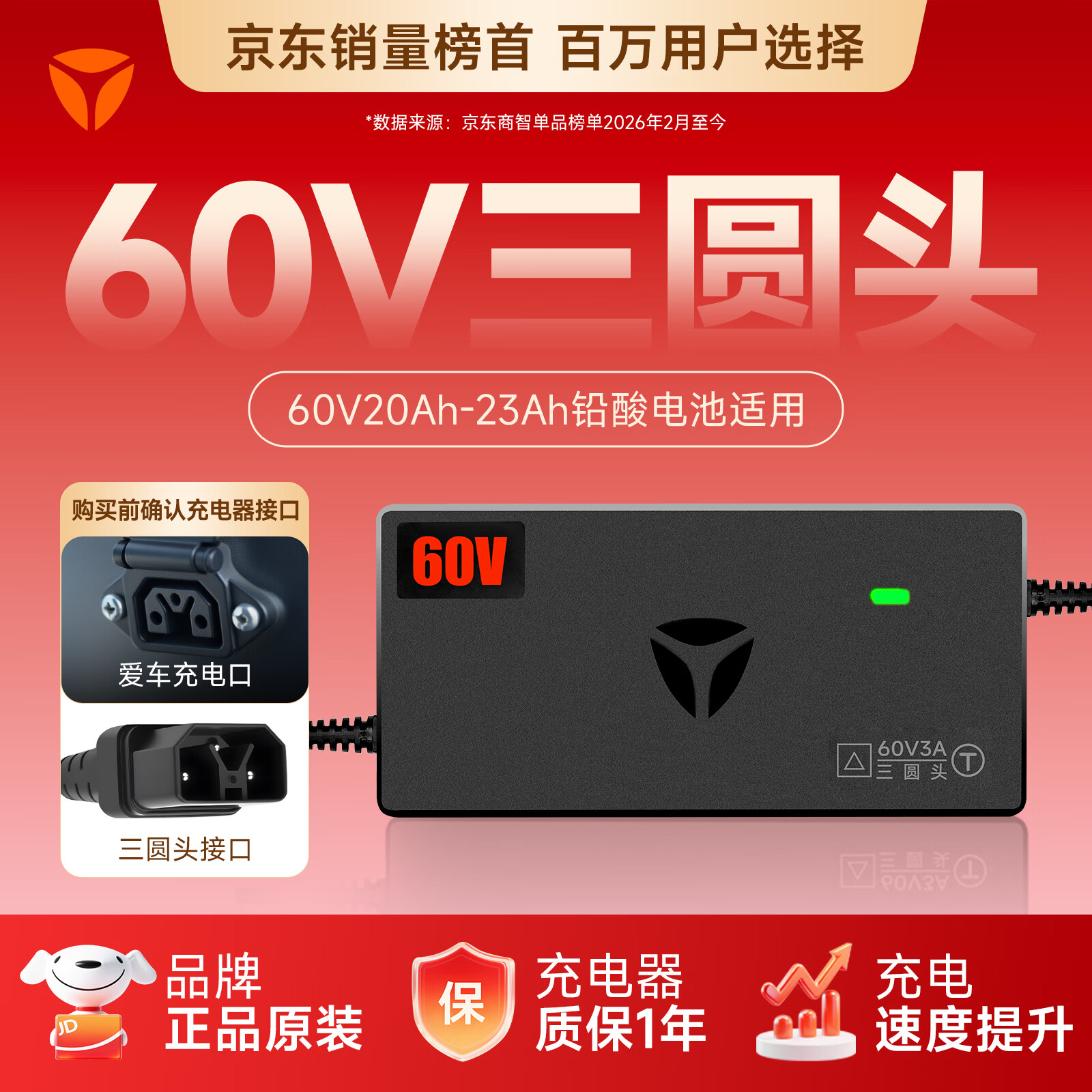 雅迪60V20Ah【三圆接口】铅酸充电器原装适用60V3A电摩电瓶车电池通用京东自营最新款