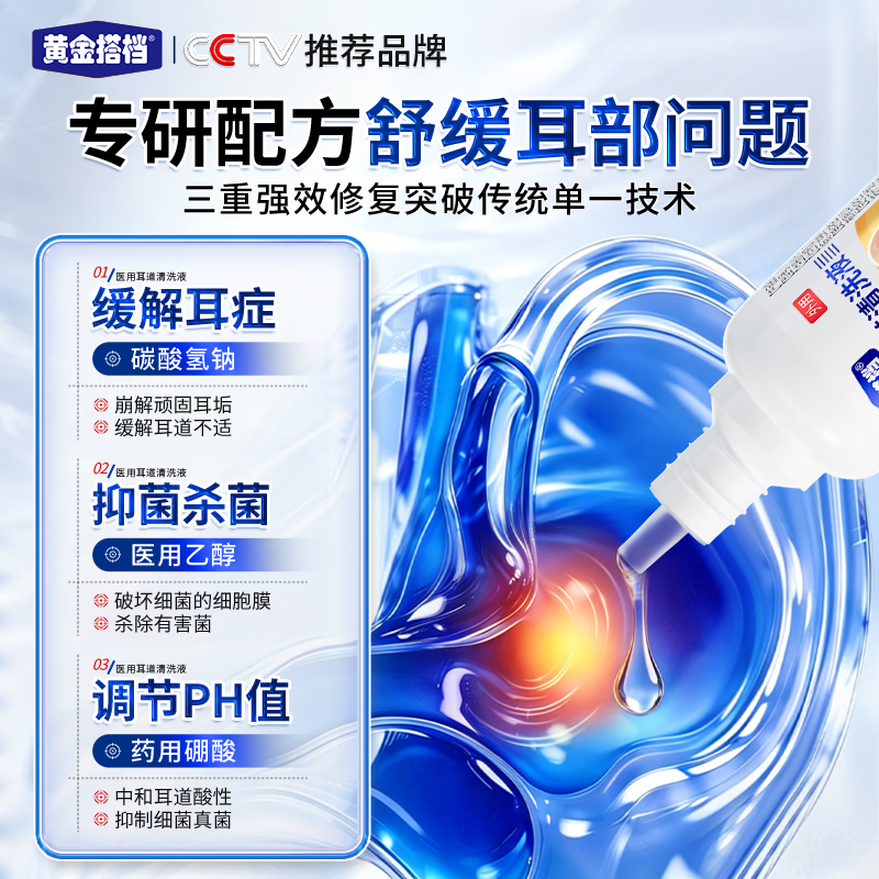 黄金搭档碳酸氢钠滴耳液中耳炎专用滴耳液耳朵痒止痒抑菌真菌感染耳聋耳鸣 3盒强效装【耳部不适患者首选】 大部分地区次日达&无效包售后