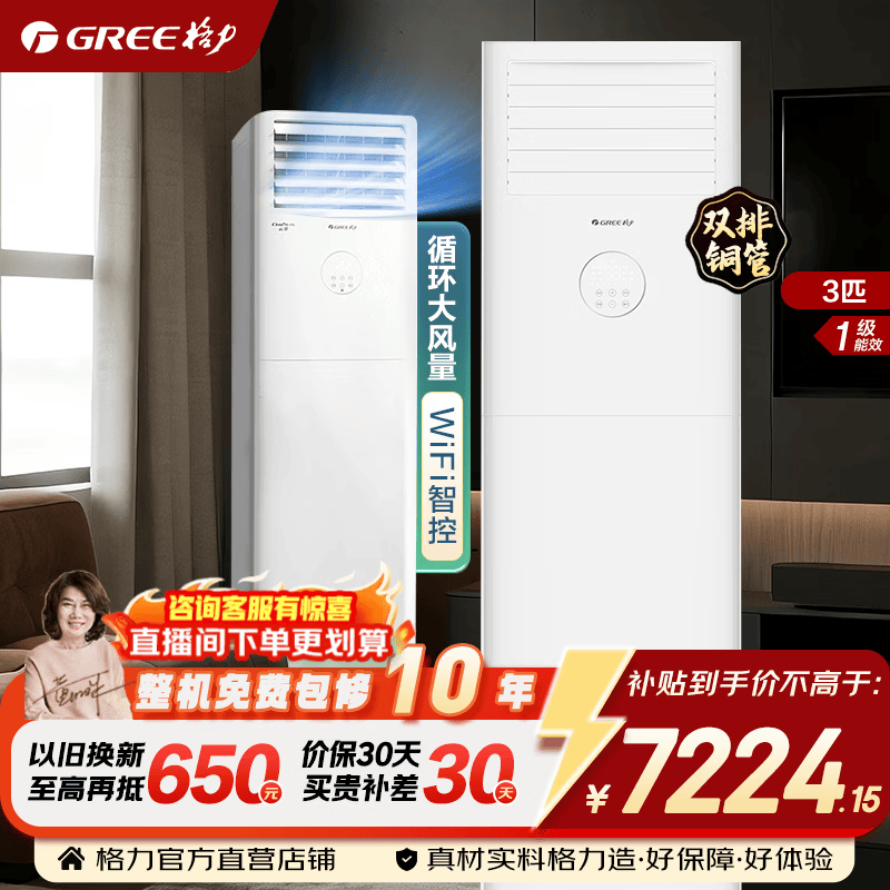 格力空调 云佳 双排铜管 3匹 新一级能效 变频冷暖 省电舒适风 客厅方柜 立柜式空调柜机 国家补贴 3匹 云佳 新一级能效