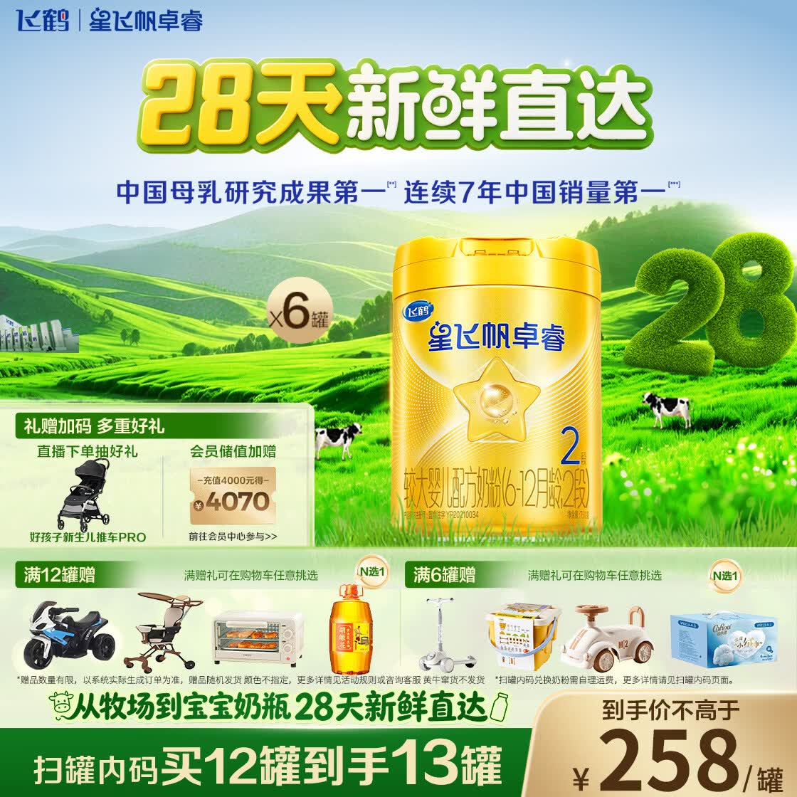 飞鹤星飞帆卓睿2段幼儿配方奶粉6-12月750g*6乳铁蛋白7种HMO28天新鲜