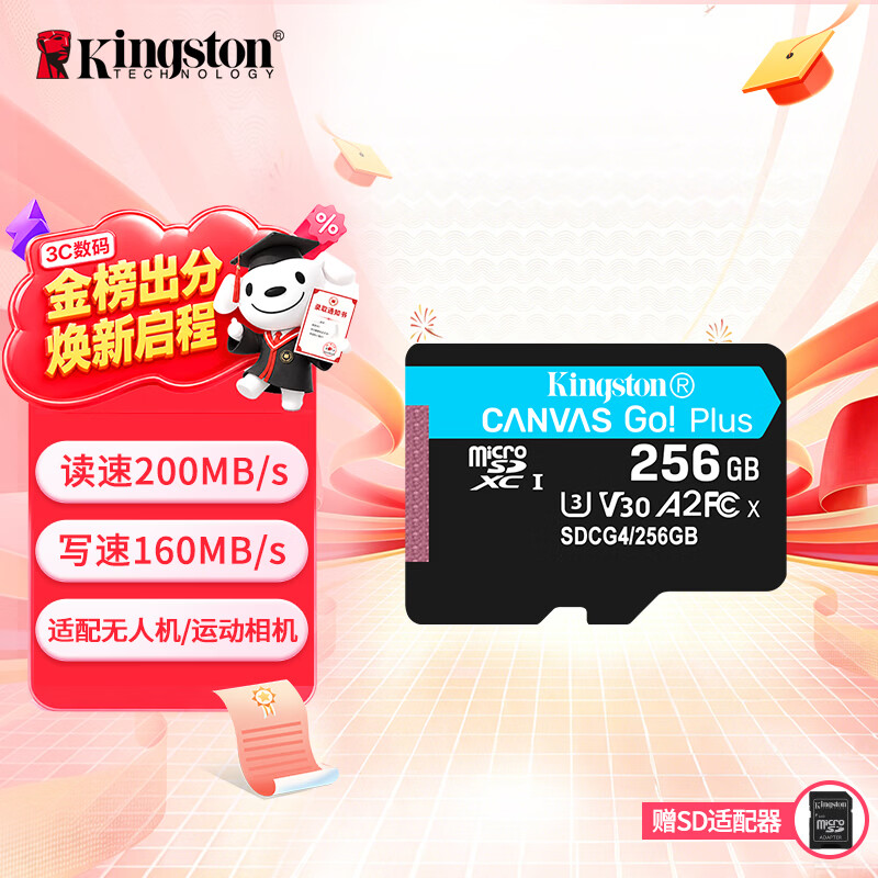 金士顿（Kingston）256GB TF（MicroSD）存储卡 内存卡U3 V30 A2 4K适配大疆Pocket 4/Action 6/无人机/运动相机/监控