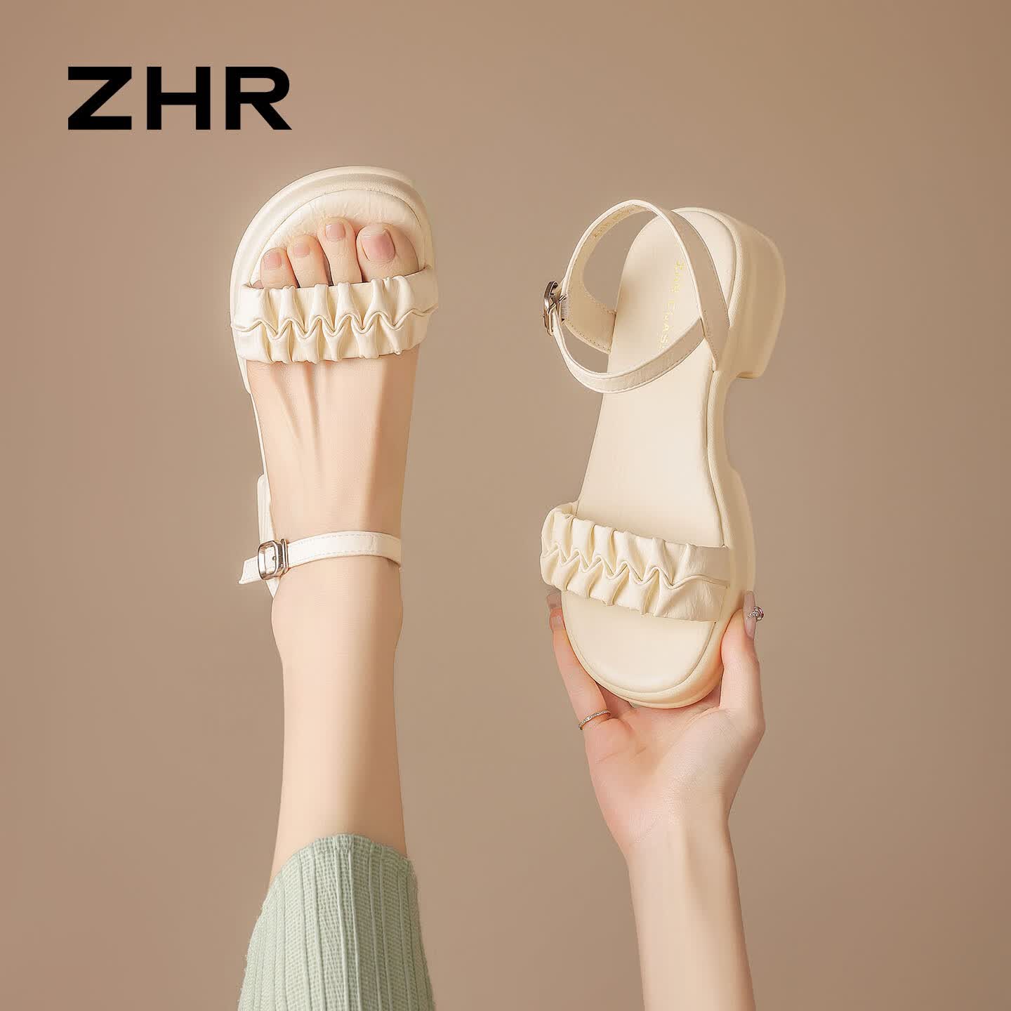 ZHR则则厚底凉鞋女2026新款一字带增高百搭女鞋外穿夏季沙滩鞋女 米色 37