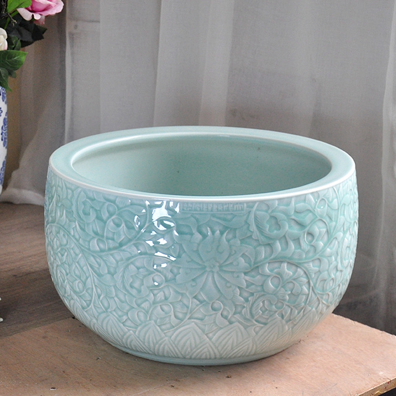 厚古薄今景德镇陶瓷鱼缸手绘雕刻影青釉缸荷花缸睡莲碗莲盆乌龟缸