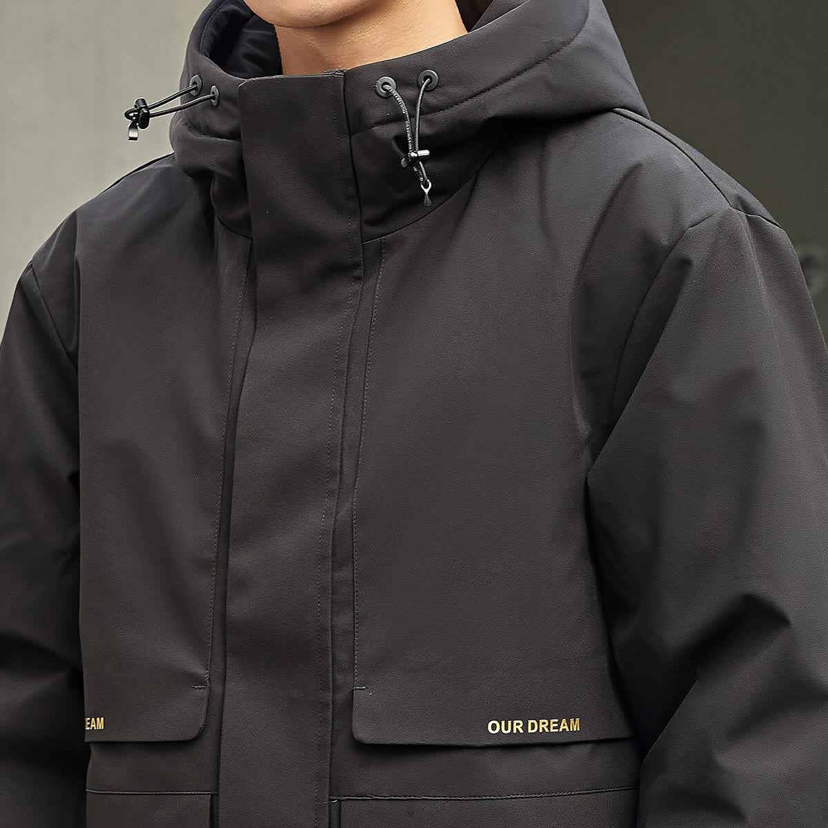 千仞岗秋冬季工装夹克羽绒服男士休闲运动连帽上衣简约防寒服保暖外套 魔力黑 XL (175)