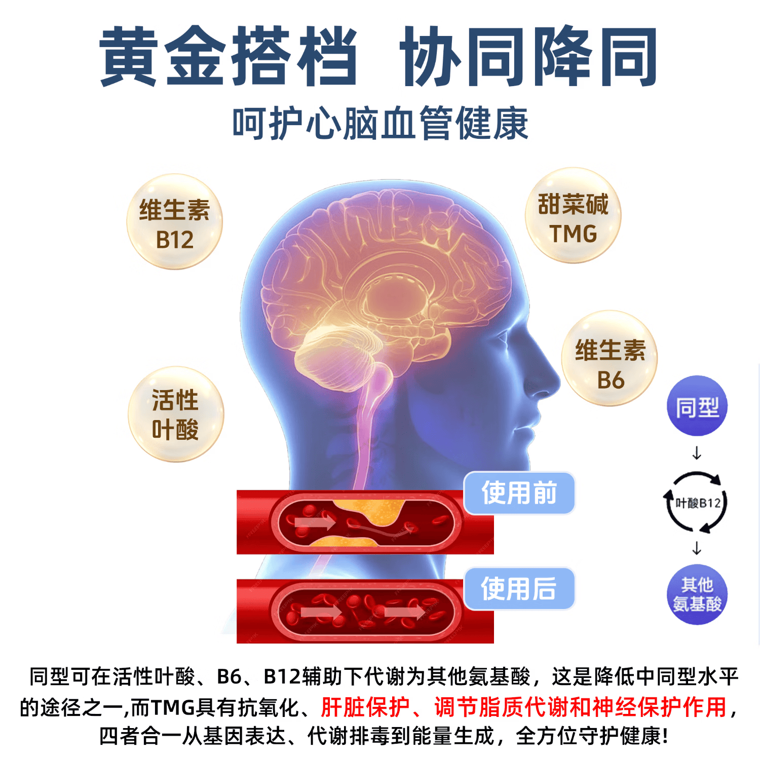 爱维她(Aiveta)活性叶酸中老年降高同型半胱氨酸甲基四氢维生素b6b12心血管白发 小周期装60天【降同型守护心脑血管】 20片*3盒