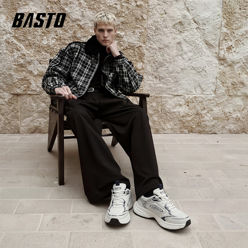 百思图（BASTO）厚底增高老爹鞋男2026新款夏季网面透气男士运动鞋防滑耐磨面包鞋 白色 39 【运动鞋码】